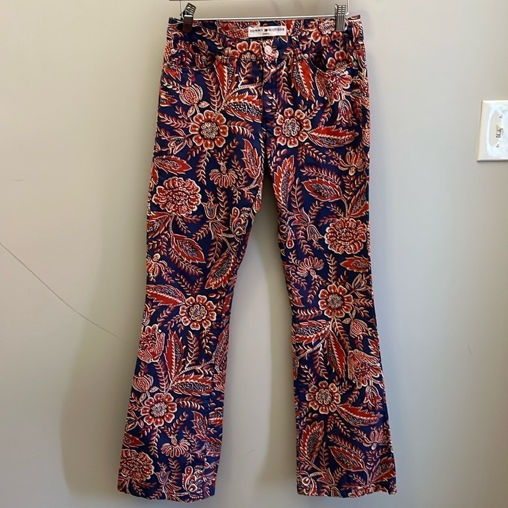 Vintage Tommy Hilfiger Flared Pants Floral Paisley Size 2 Red Blue Retro